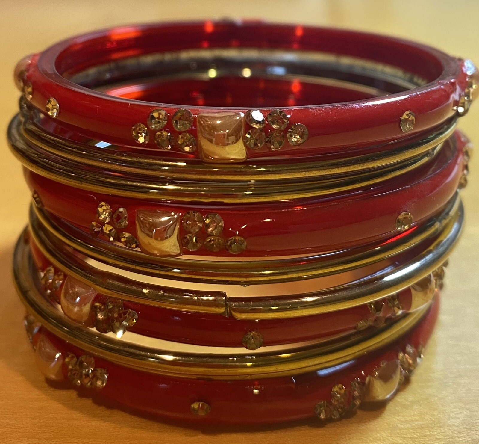(NEW) Indian Women Red/Golden Jewelry Bangles Set (Size=~5.8cm; 2 4/16 inches)