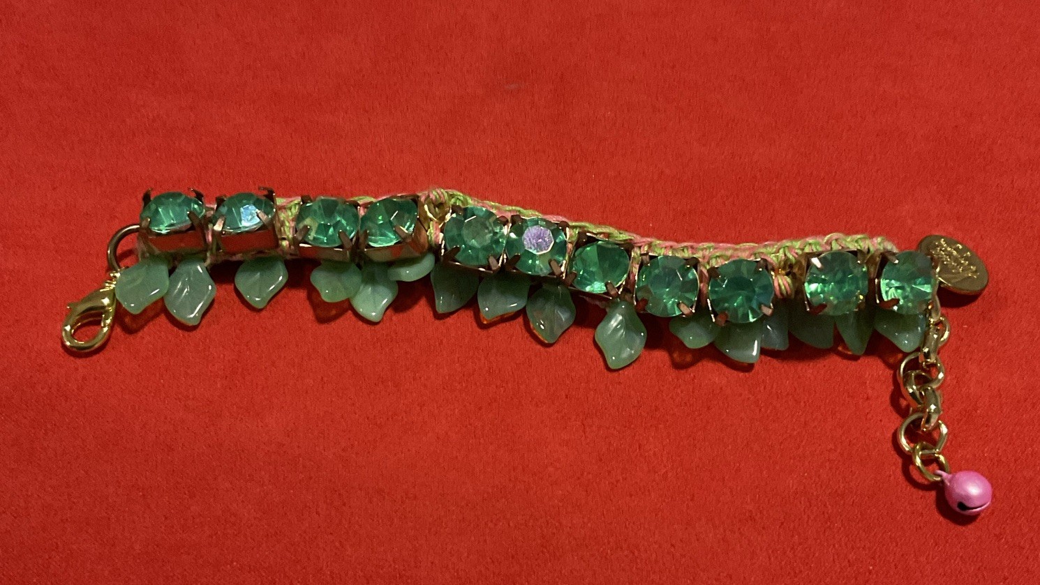Venessa Arizaga Handcrafted Crochet Bracelet Faceted Green Crystals Leaf Charms