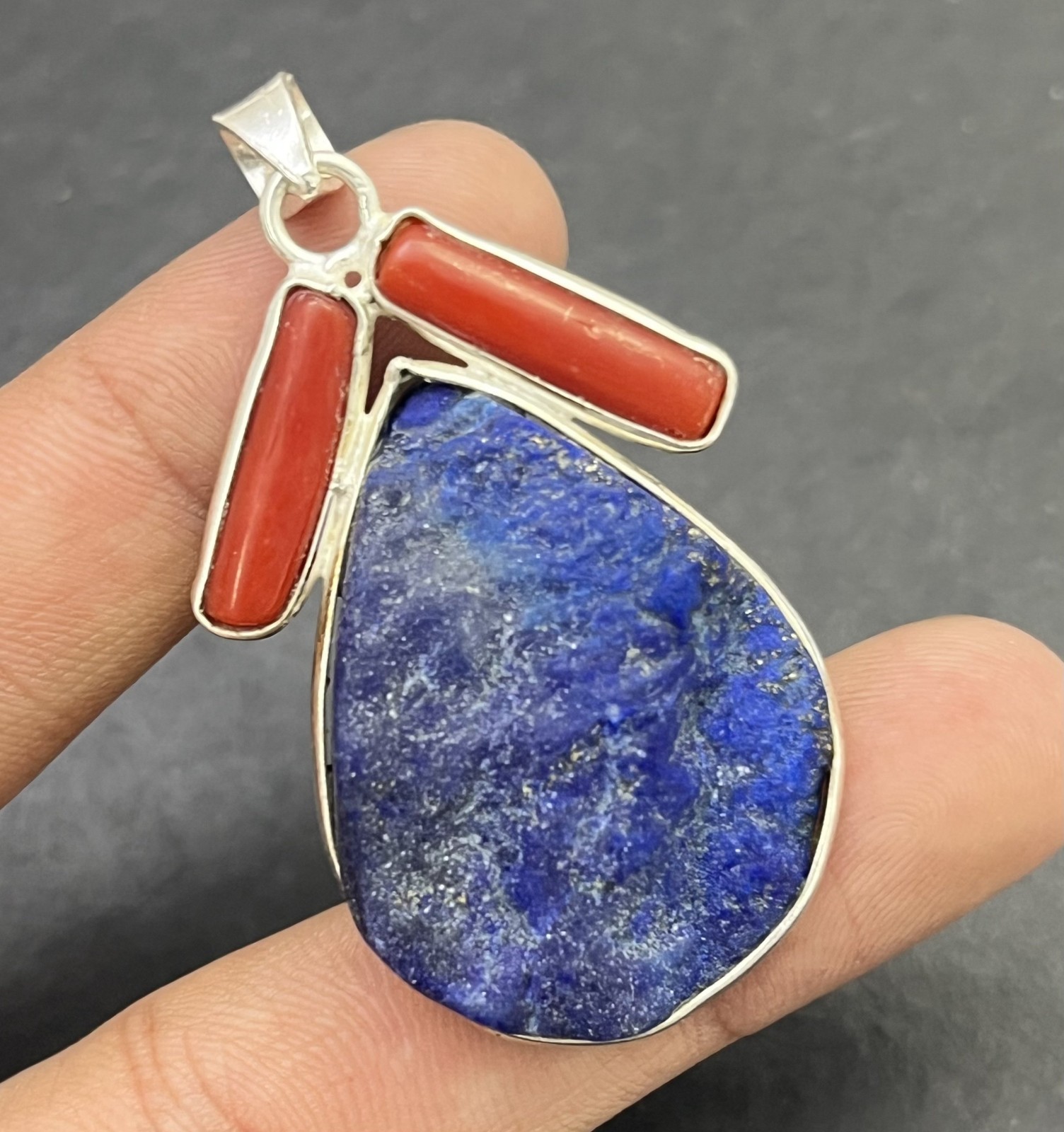 Natural Lapis Lazuli Raw Coral Pendant 925 Sterling Silver Boho Handmade Jewelry