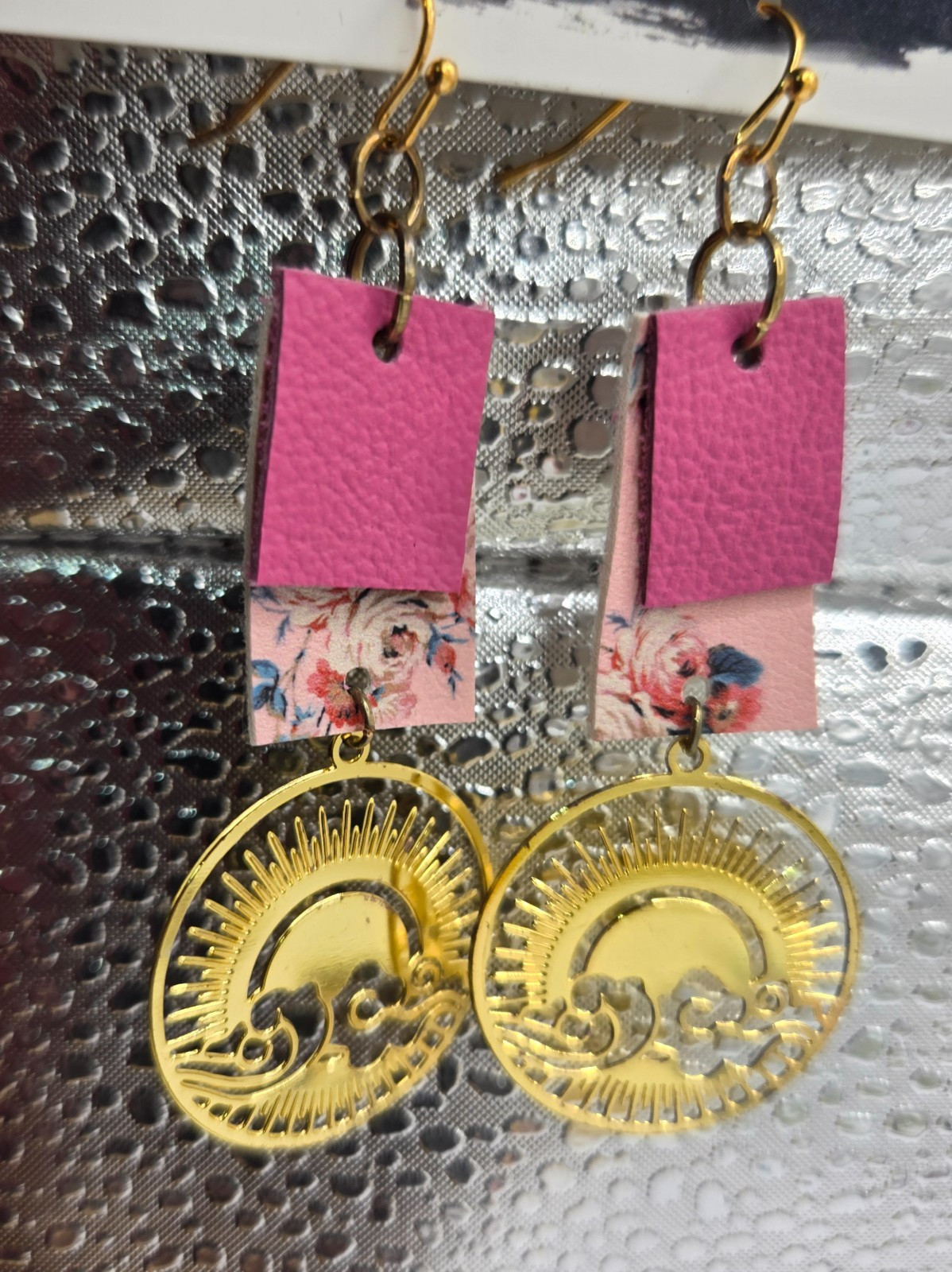 Gold Sun & Clouds Tree with Pink/Floral Dangle Earrings ~2 1/2 inches NEW