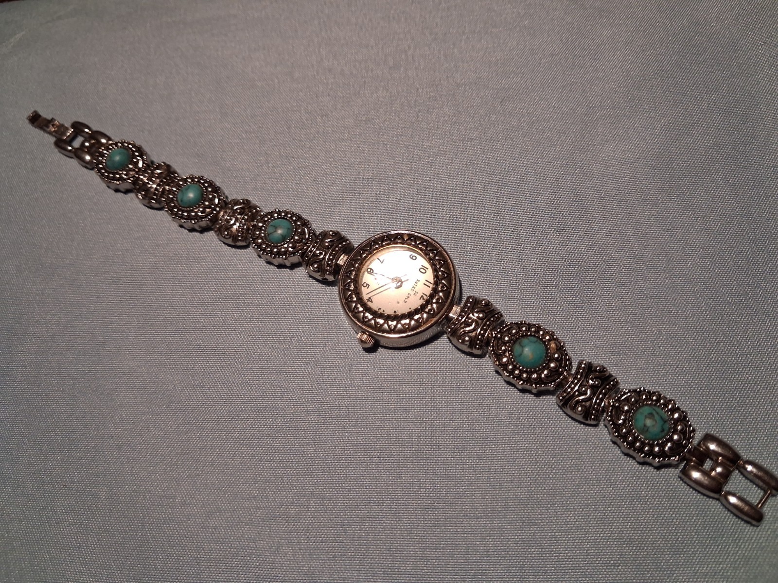 Native American Style Turquoise, 925 Sterling Watch Braclet Swiss Gold Quartz
