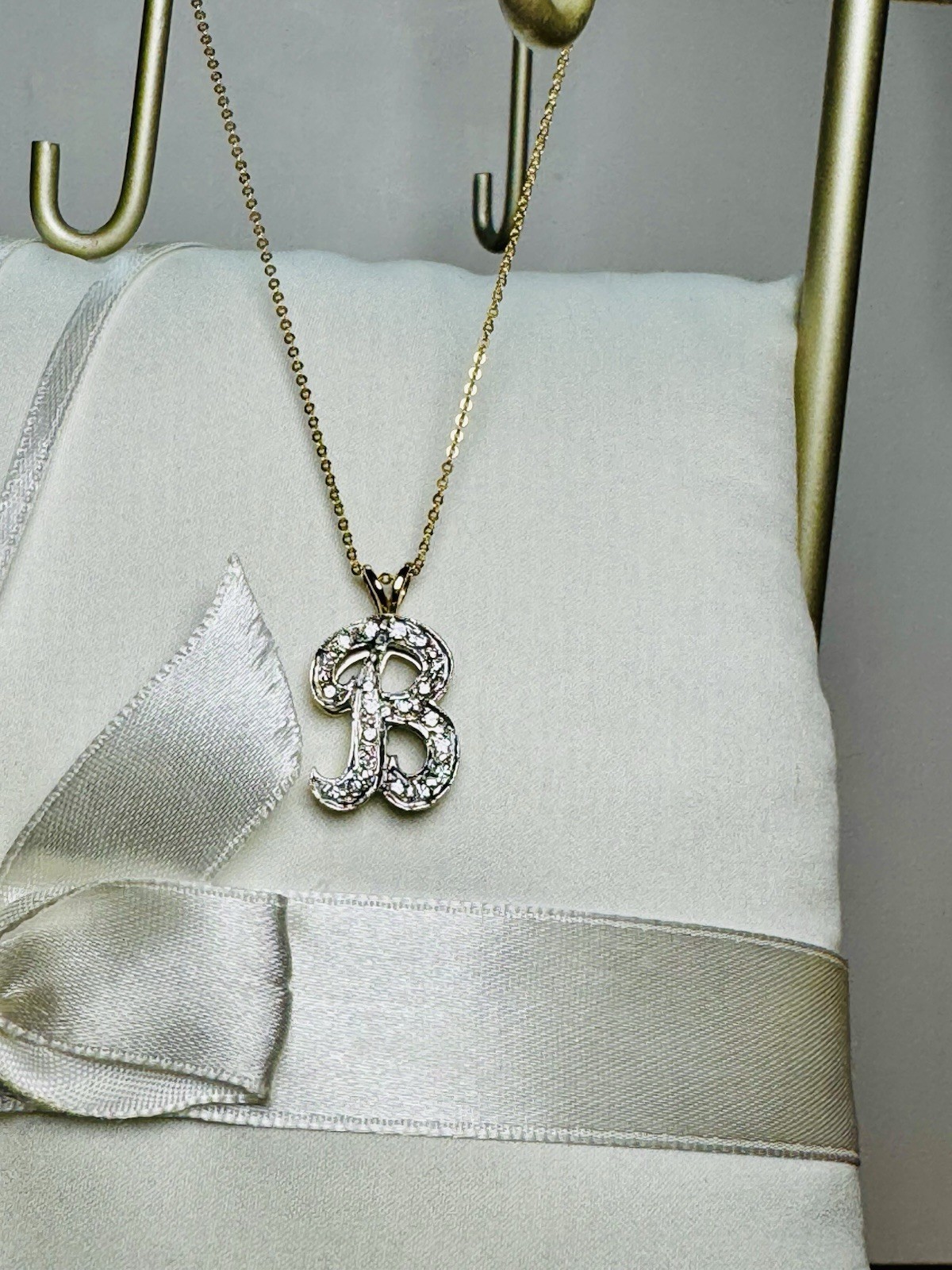 .35CT Diamond Letter B Pendant & 16” Fancy Cable Chain 14k Yellow Gold 5.2 Grams