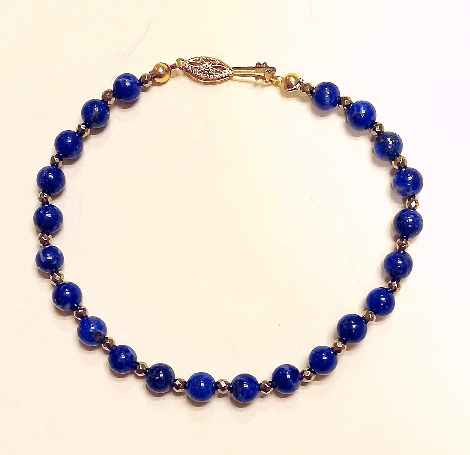 Ladies 6 mm LAPIS & Faceted GOLD Bead Bracelet 14K Gold Clasp / CUSTOM LENGTH
