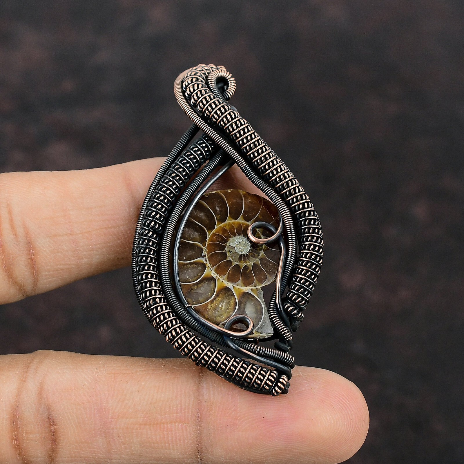 Ammonite Fossil Gemstone Jewelry Copper Mother Gift Wire Wrapped Pendant 2.56″