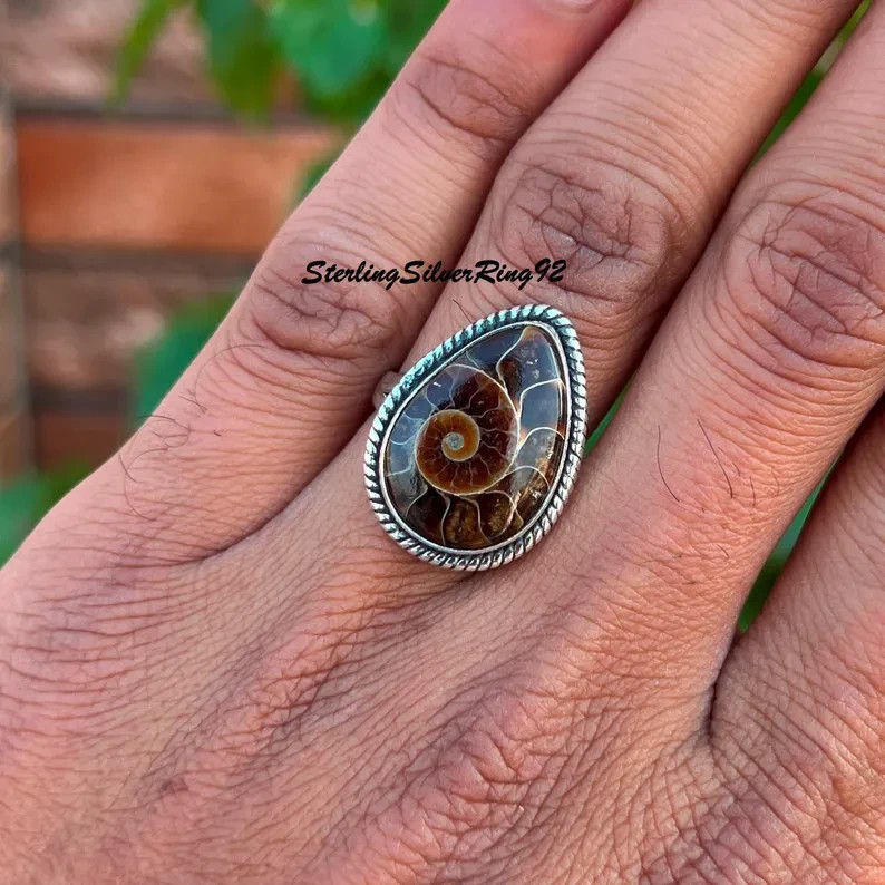 Ammonite Fossil 925 Sterling Silver Band & Statement Handmade Ring All Size