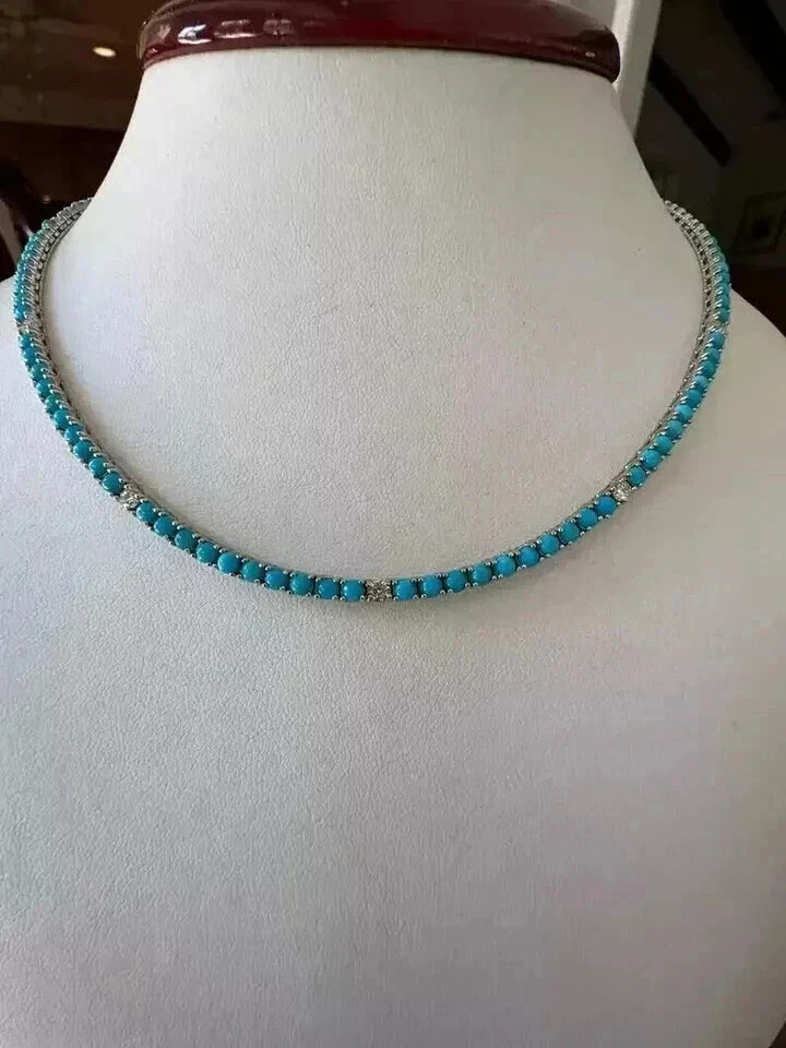 16CT Round Lab Created Turquoise Women’s Tennis Necklace 14K White Gold Finish