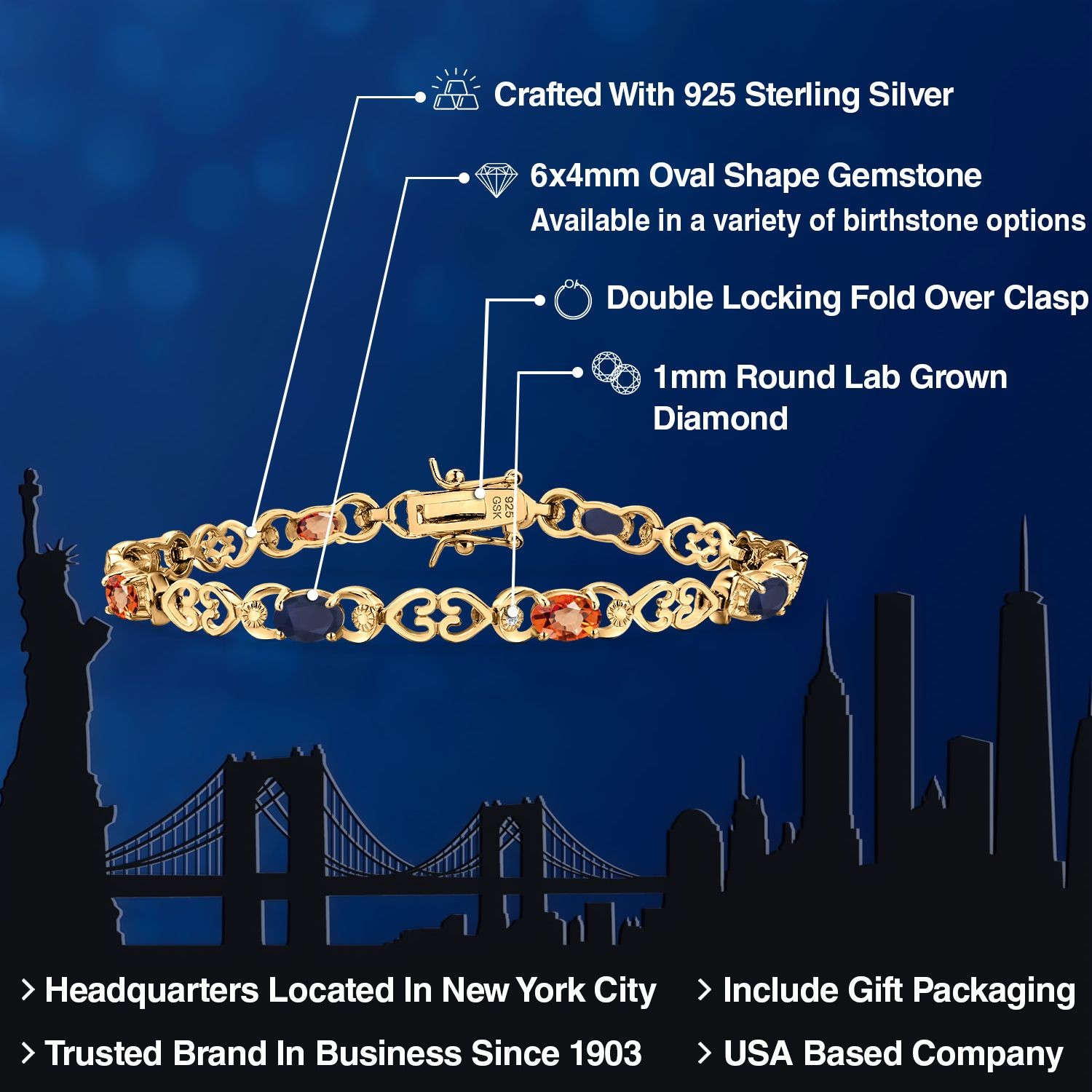 18K Yellow Gold Plated Silver Sapphire and Orange Sapphire and Lab Grown