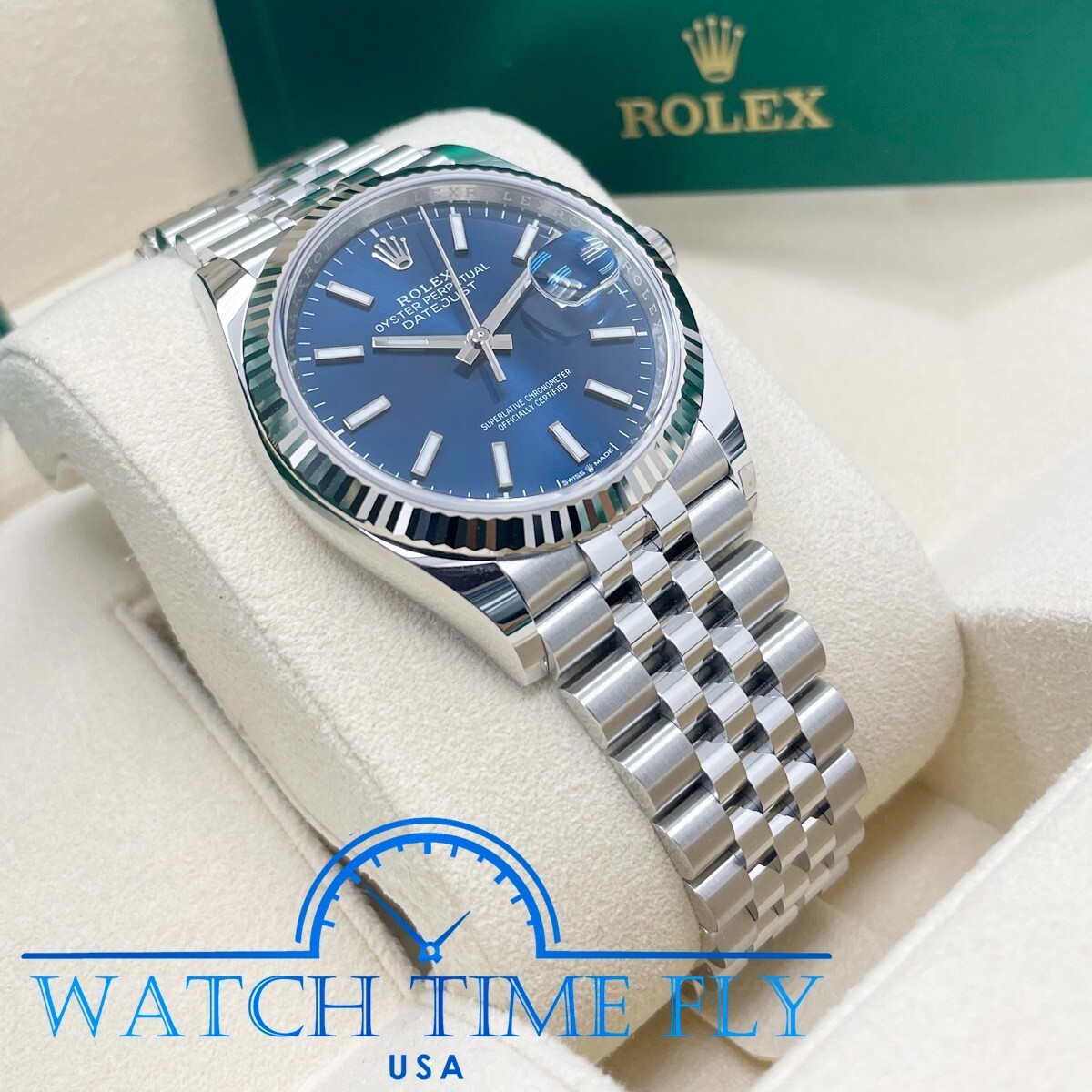 Rolex 126234 Stainless Steel Datejust 36mm Fluted Bezel Blue Index Dial Jubilee