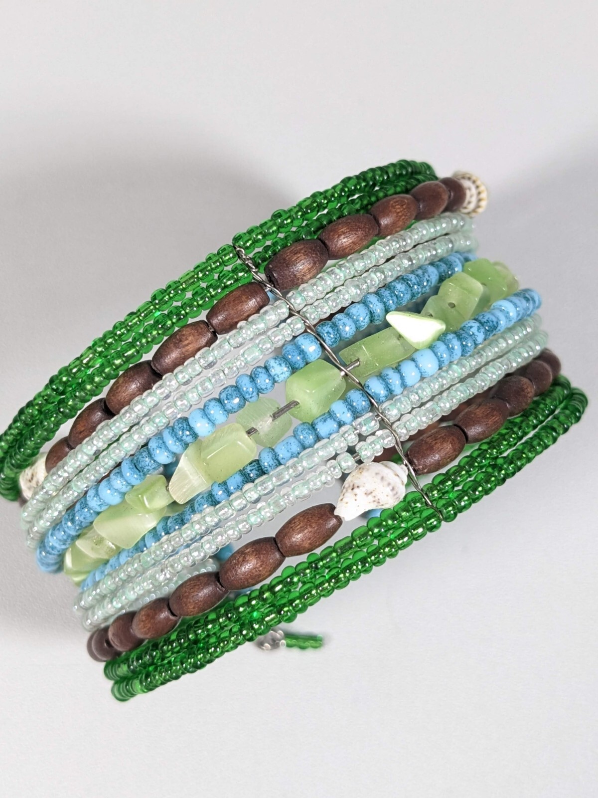 Green Blue Glass Brown Wood Shell Wide Open Cuff Bracelet 7.25 inches