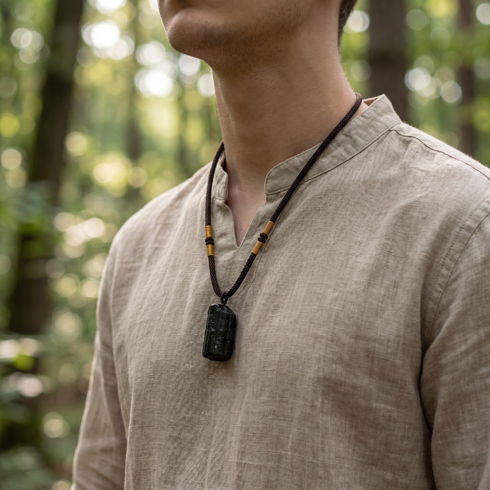 Natural Black Tourmaline Pendant Necklace Adjustable Protection Grounding Unisex