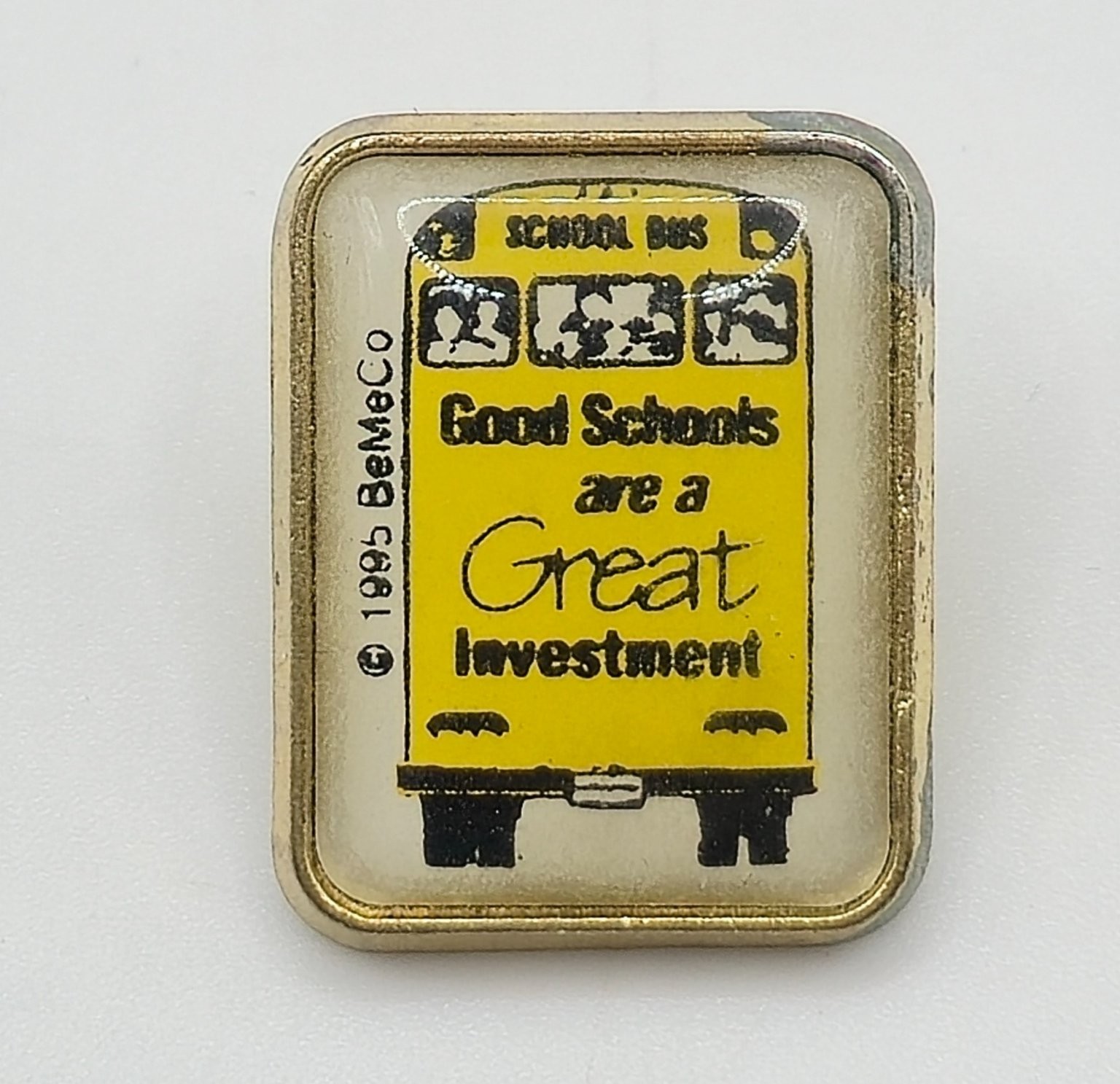 BeMeCo School Bus Lapel Pin 1″ Vintage 1995 “Great Investment” Gold Tone