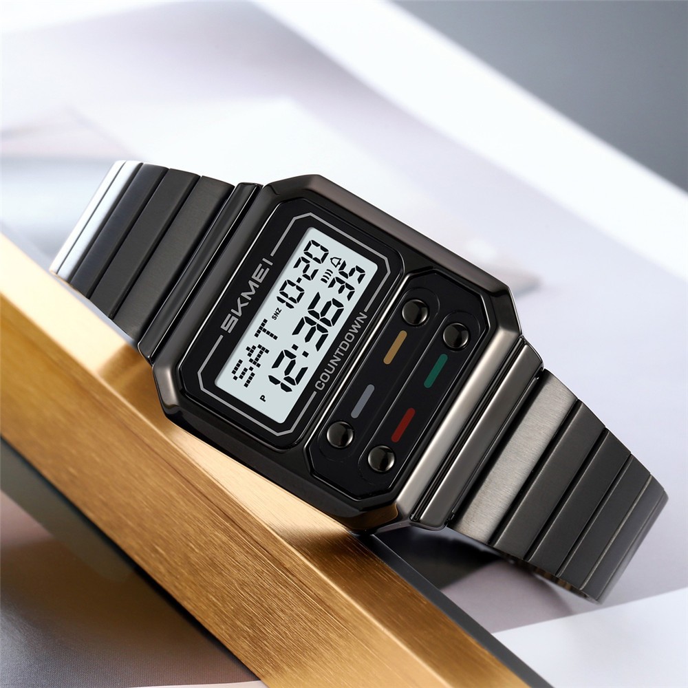 SKMEI Men Watch Rectangle Dial Steel Wristwatch Fashion Male Sport LED Watch