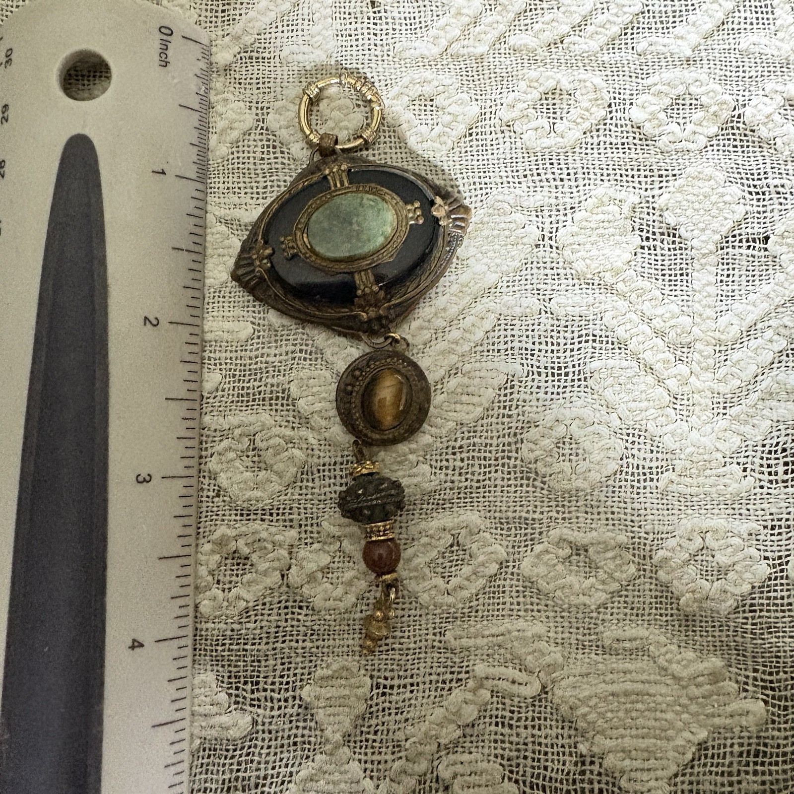 Antique Victorian Onyx Brass Tigers Eye Agate Pendant No Chain 4 Inches