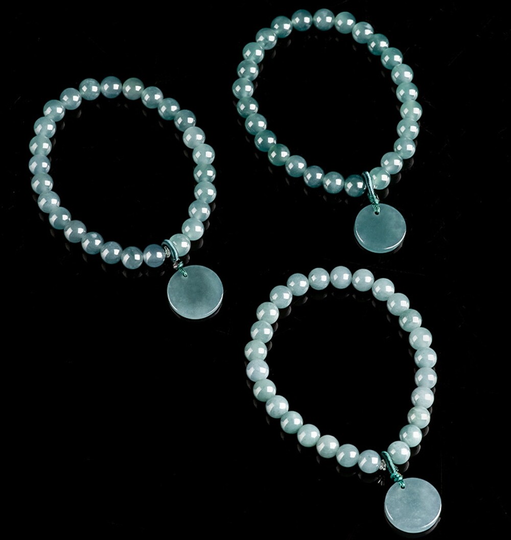 Certified Green Natural Burma A Jade jadeite 6mm Round Beads 无事牌 Couple Bracelet