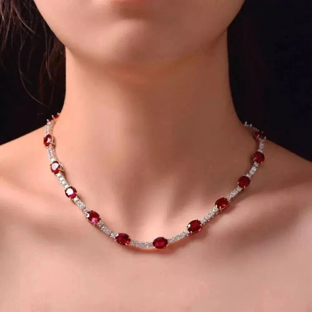 20TCW Oval Cut Lab Created Ruby & Diamond Tennis Necklace 925 Sterling Silver
