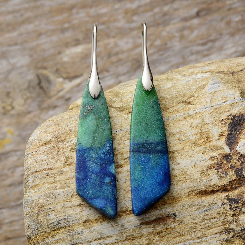 Blue Green Jasper Dangle Earrings Kite Shaped Gemstone Hook Earrings Boho Style