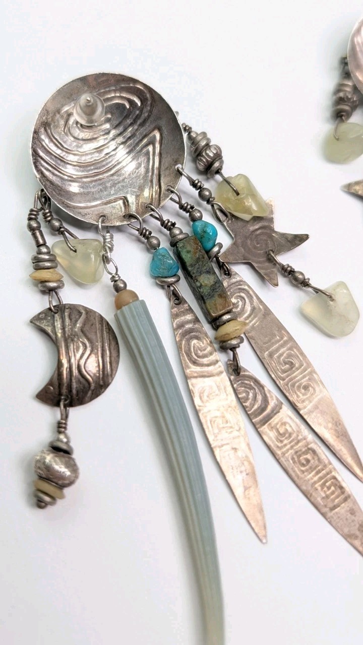 Vintage Tabra Moon Face Dangle Earrings Celestial Charms Sterling Silver 3.75 In