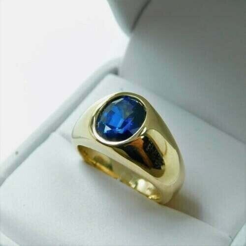 2 Ct Lab Created Oval Cut Blue Sapphire Ring For Men 14k Yellow Gold Plated