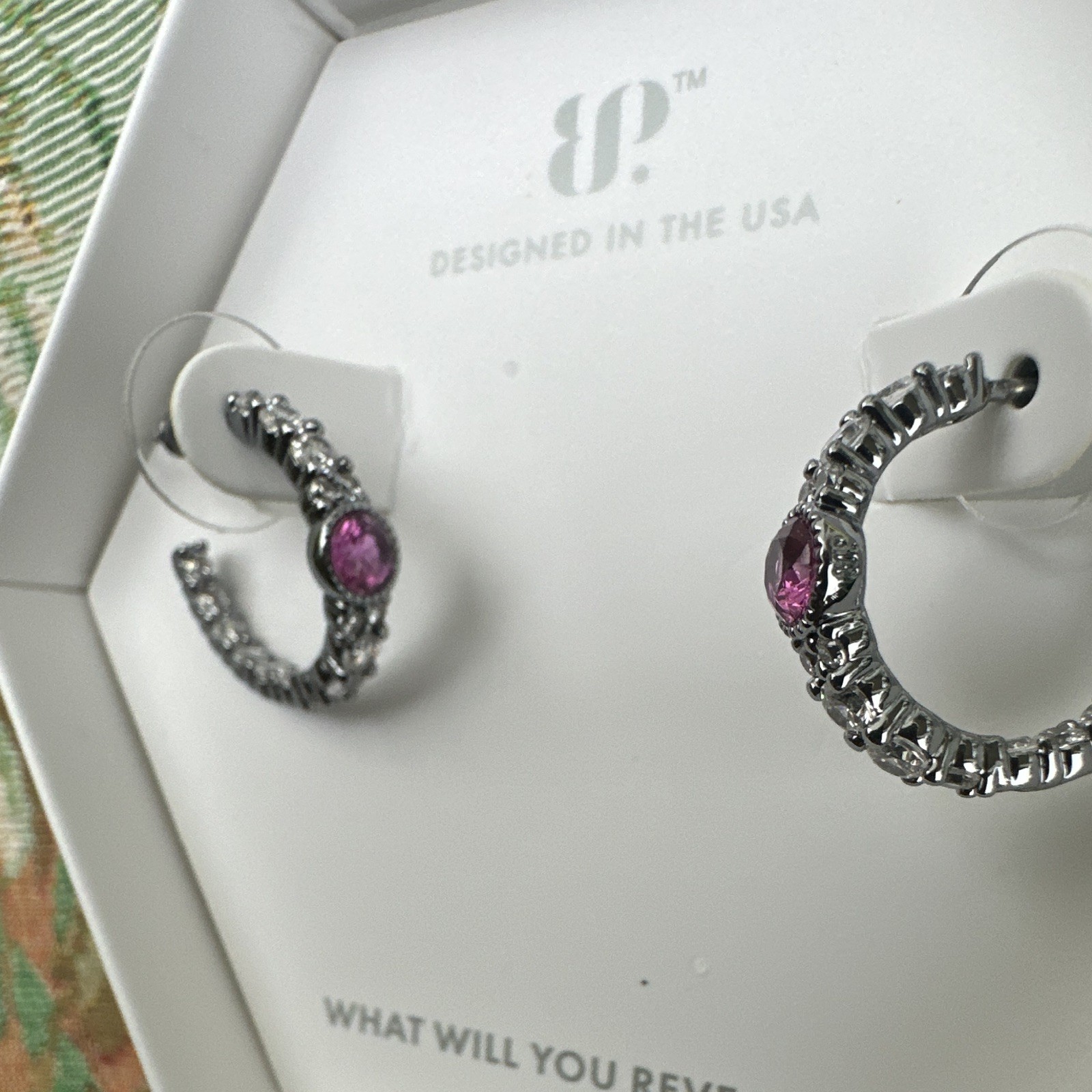 BP “Golden Hour Hoop” OG Earrings Lab-Created Pink Corundum Hematite plated.