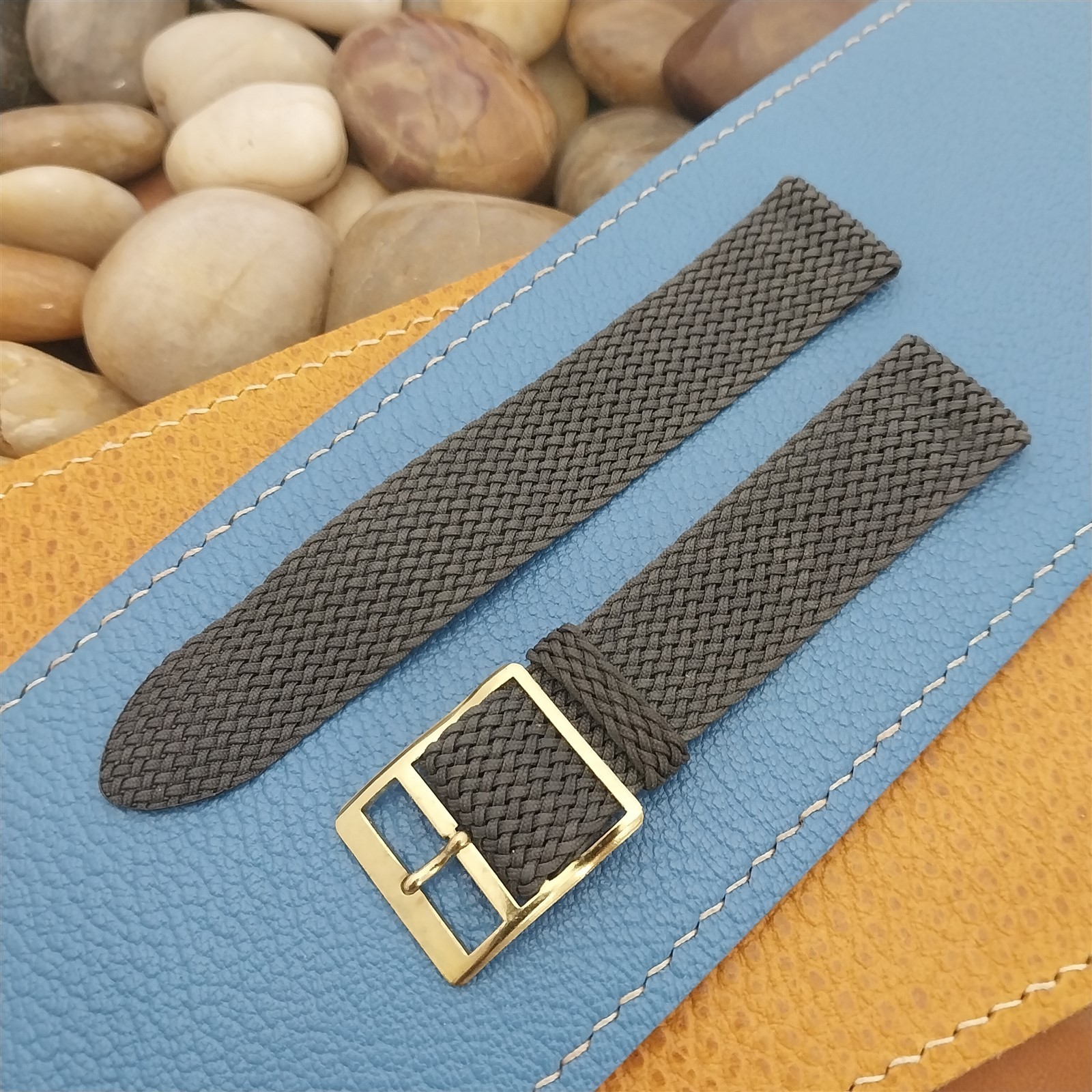 19mm Perlon Mesh 2-piece Gray & Brass Buckle 1960s Unused Vintage Watch Strap