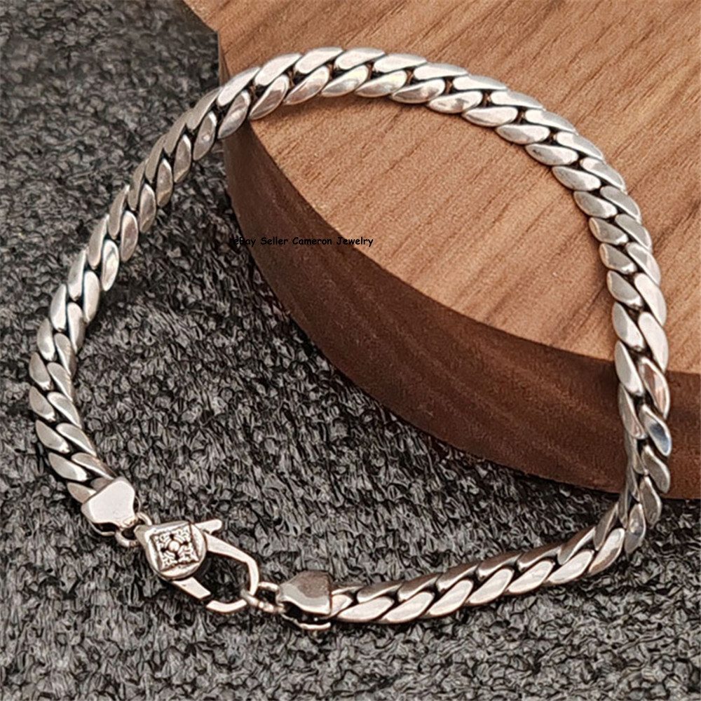 Pure S925 Sterling Silver Chain Men Women 5mm Curb Link Bracelet 7.1-8.7inch