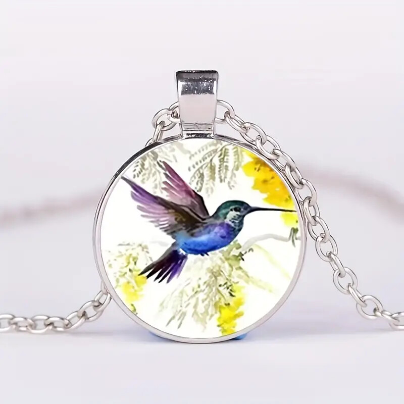 Hummingbird Time Gem Round Pendant Necklace