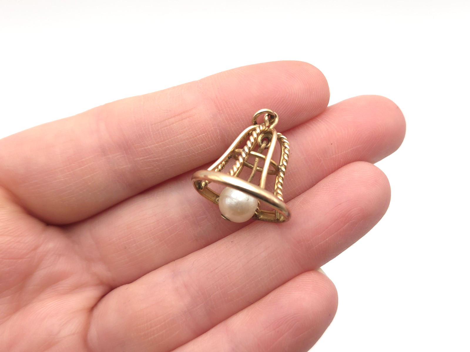 Vintage 14k Solid Gold & Pearl Movable Openwork Bell Pendant or Charm 2.4grams