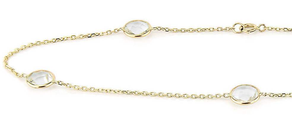 14K Yellow Gold Anklet With Round Shape Clear Quartz Gemstones 9.5 Inches