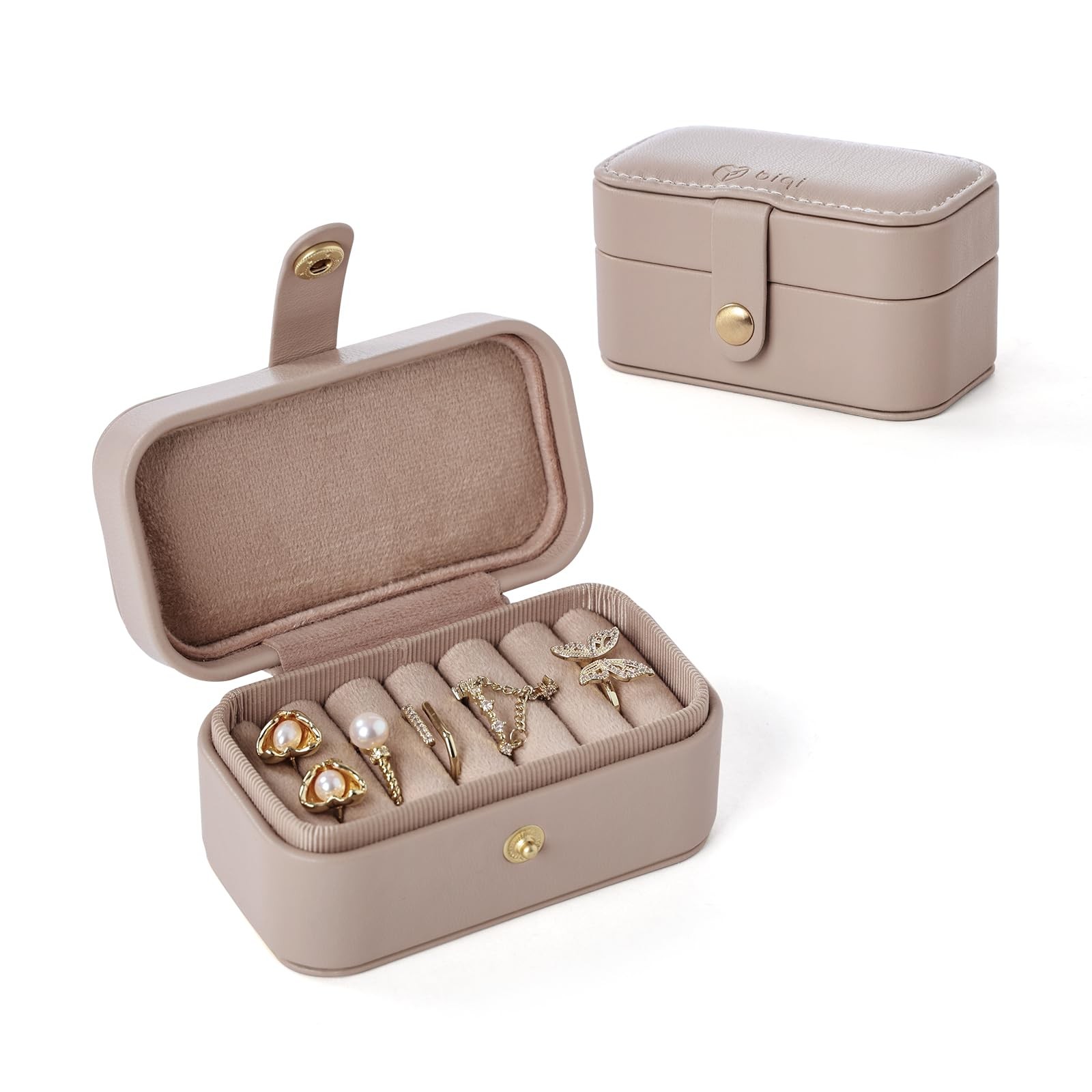 BIQI MUSSE Jewelry Ring Case for Travel, PU Leather Light Taupe