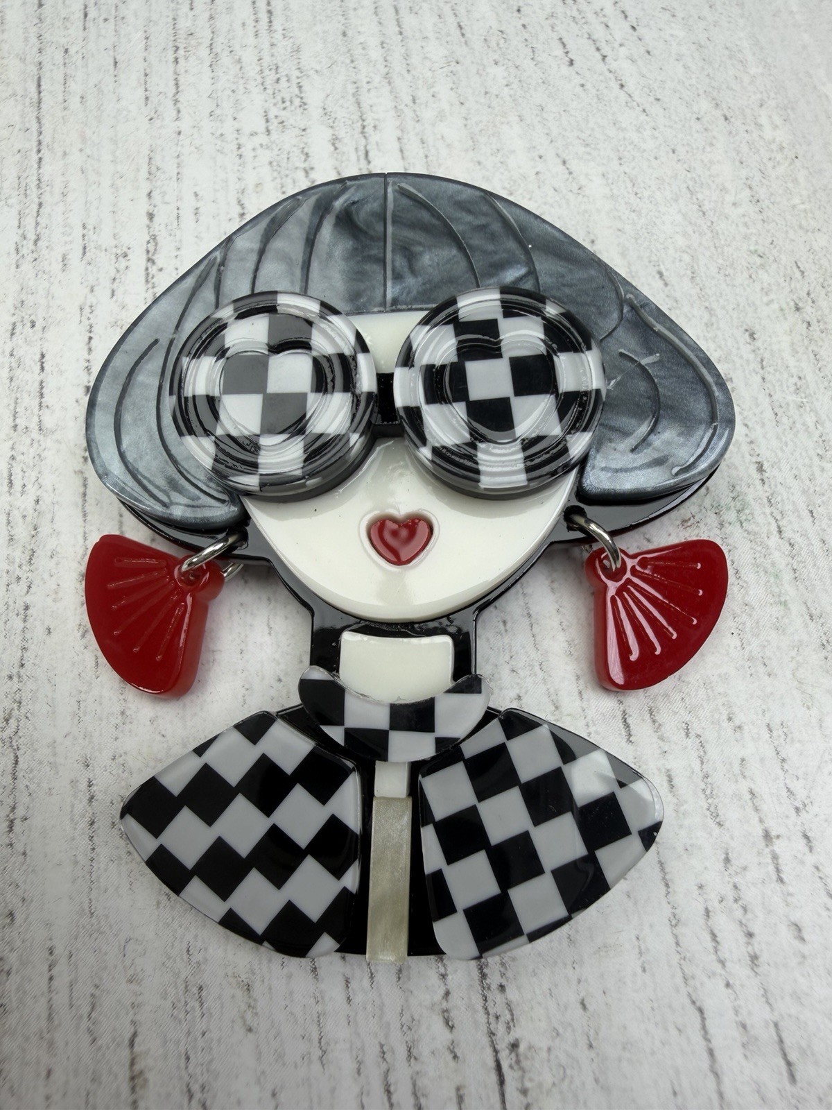Resin Lady Brooch Black White Checkered Red Dangle Earrings Pin Vintage Style