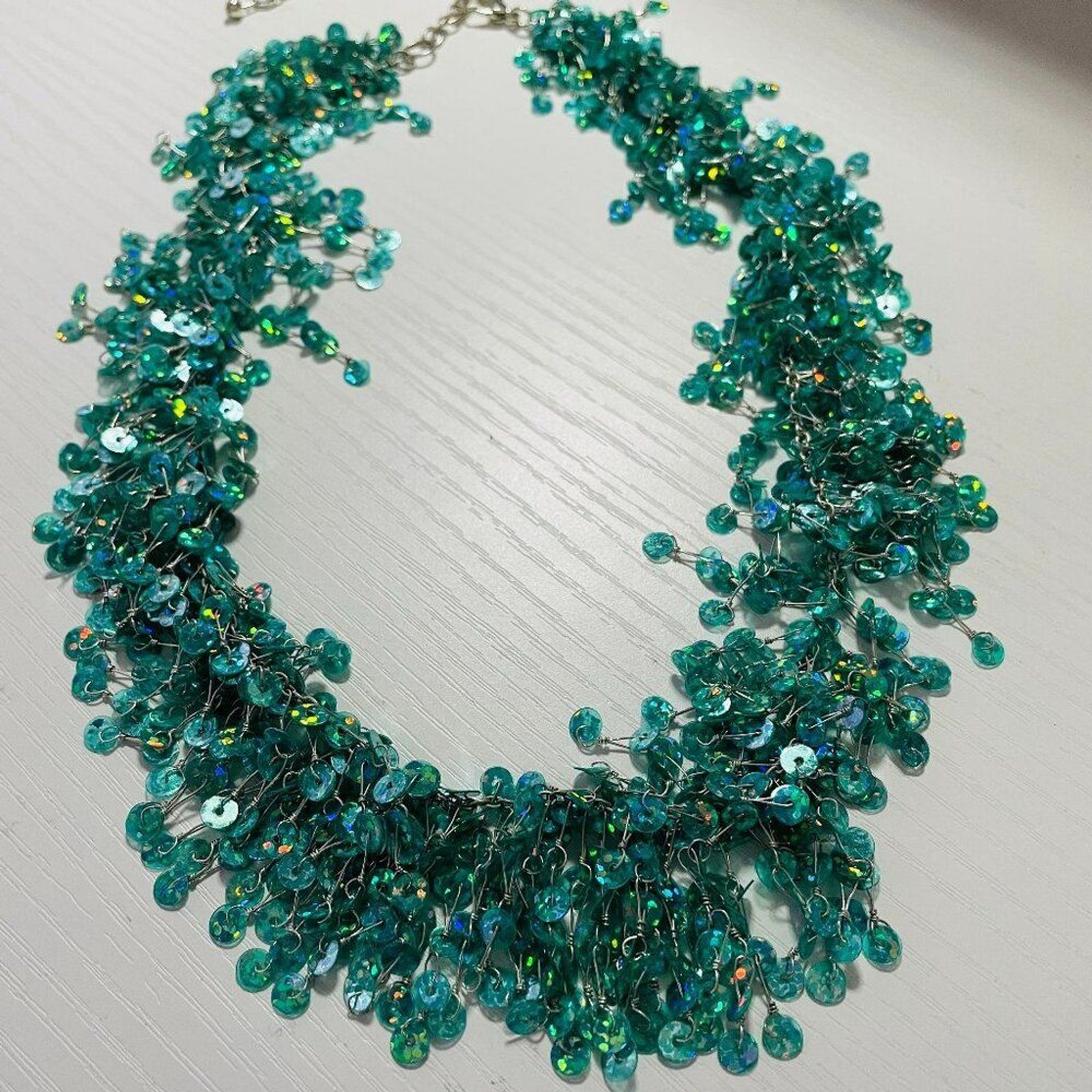 Teal Sequin Fringe Statement Necklace Iridescent Bib Collar