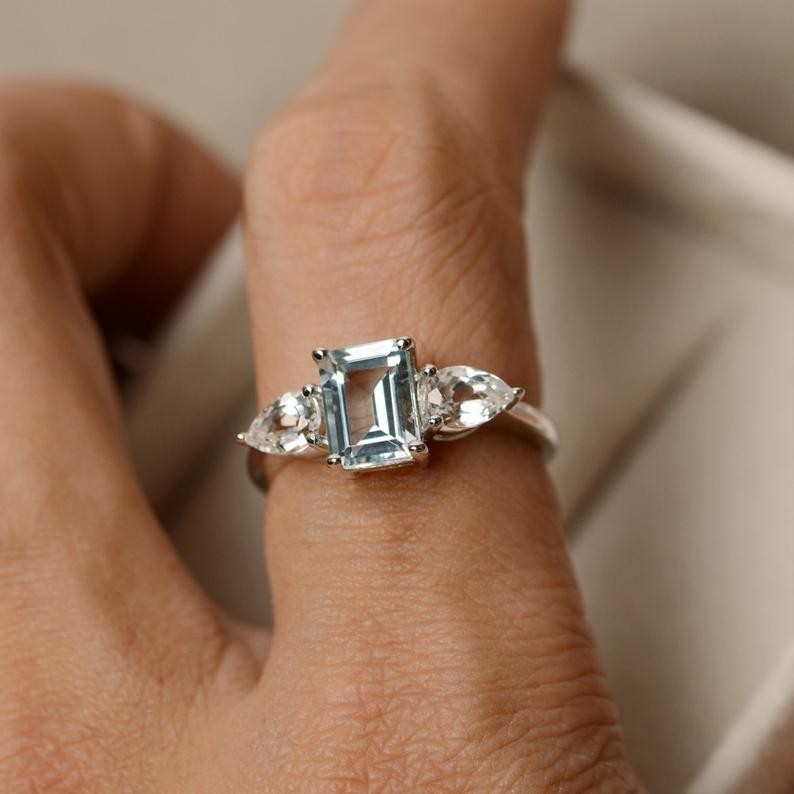 3.00 Ct Emerald Cut Natural Aquamarine Diamond Ring 14K Solid White Gold Size 7