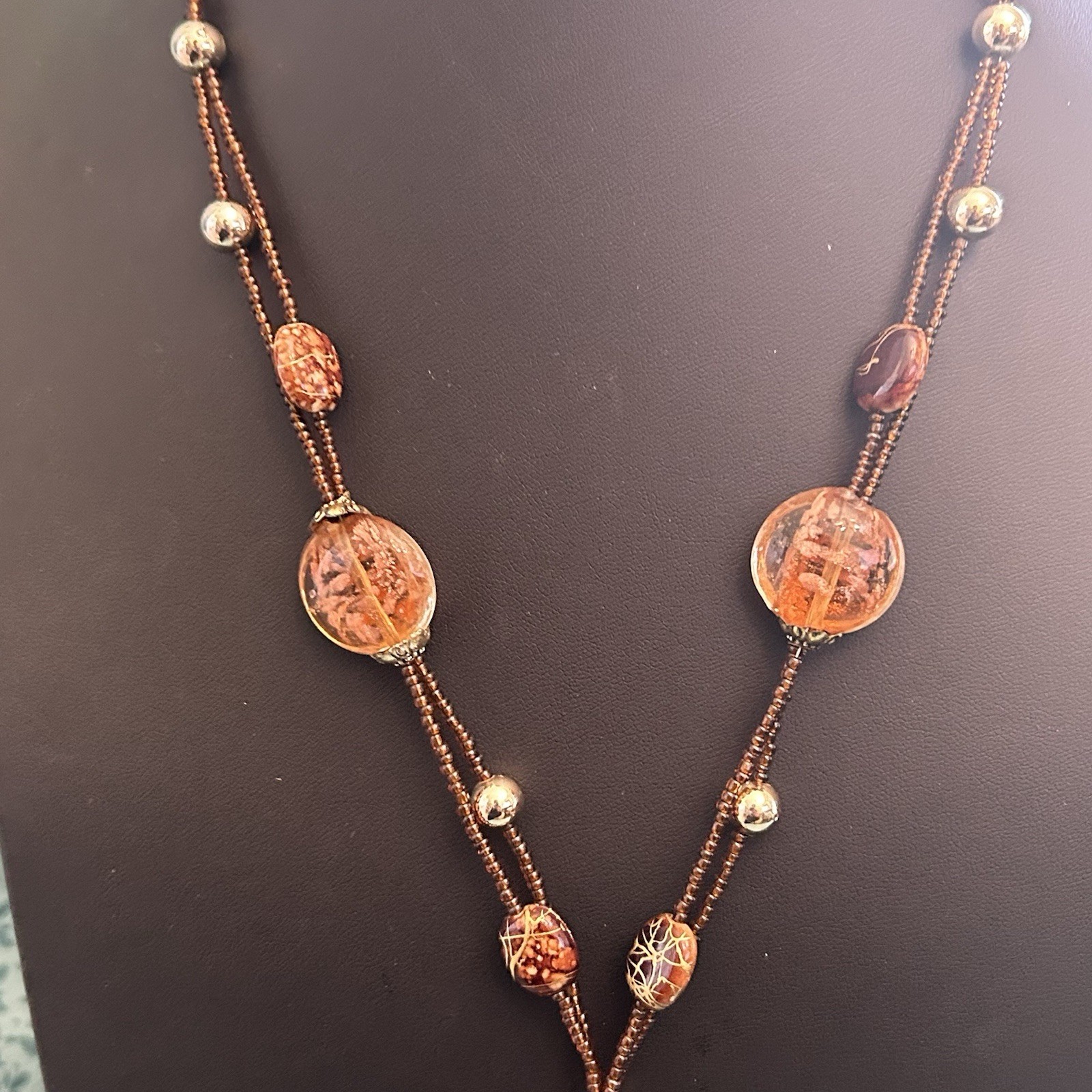 Brown Beaded Necklace w/ Heart Charm Pendant, Love Theme, Bead Material