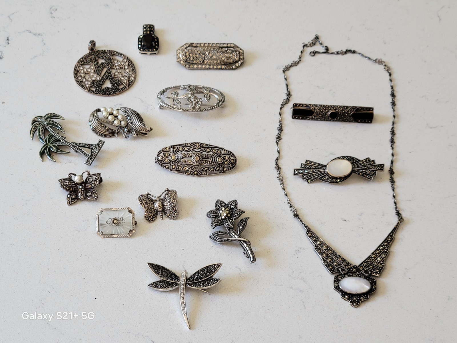 Estate Lot Of Marcasite Jewelry, 7 Pieces Stamped 925, 2 Silver, 6 Not Stamped