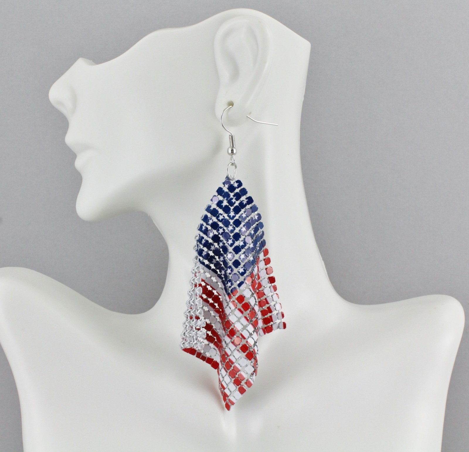 Patriotic earrings Red White Blue USA American Flag earrings 4th July metal mesh