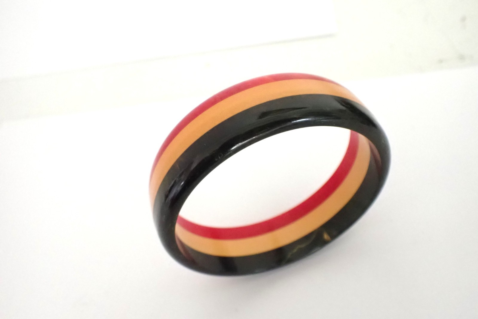 Vintage 3 Color Striped Laminated Bakelite Bangle Bracelet Black Yellow Red