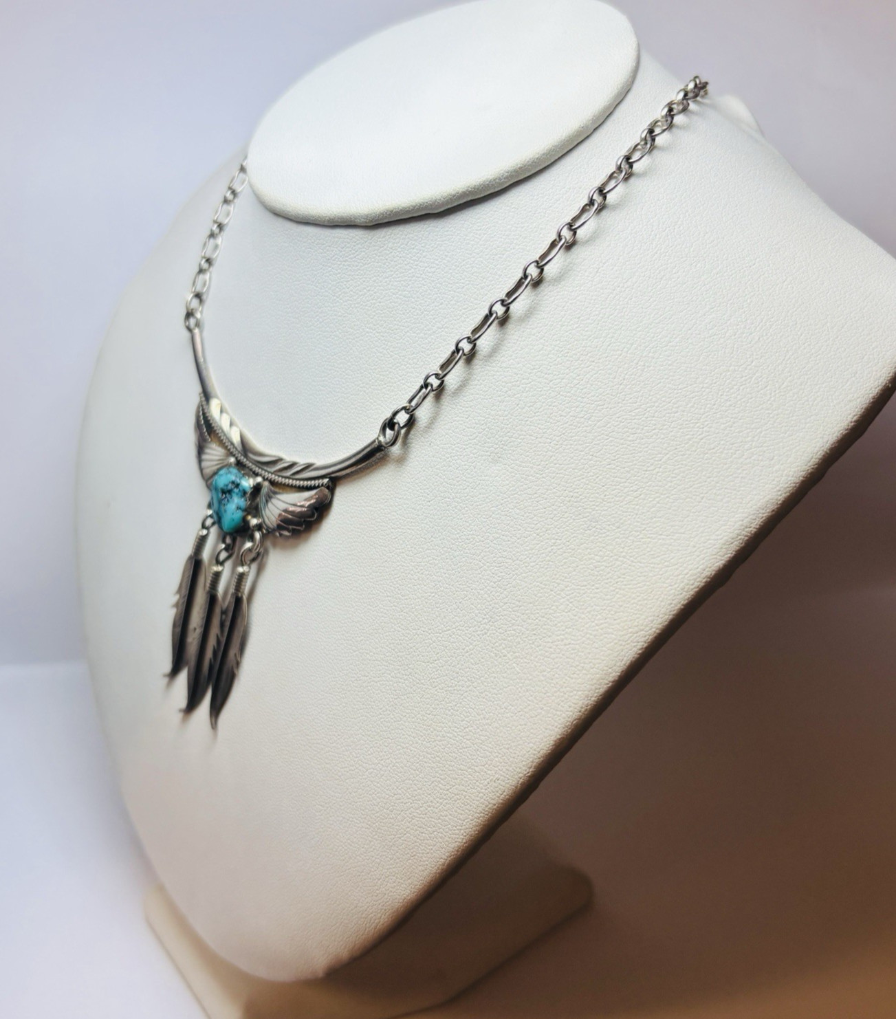 Navajo Signed Kary Begay Sterling Silver Turquoise Feather Necklace 20.5 in -.79