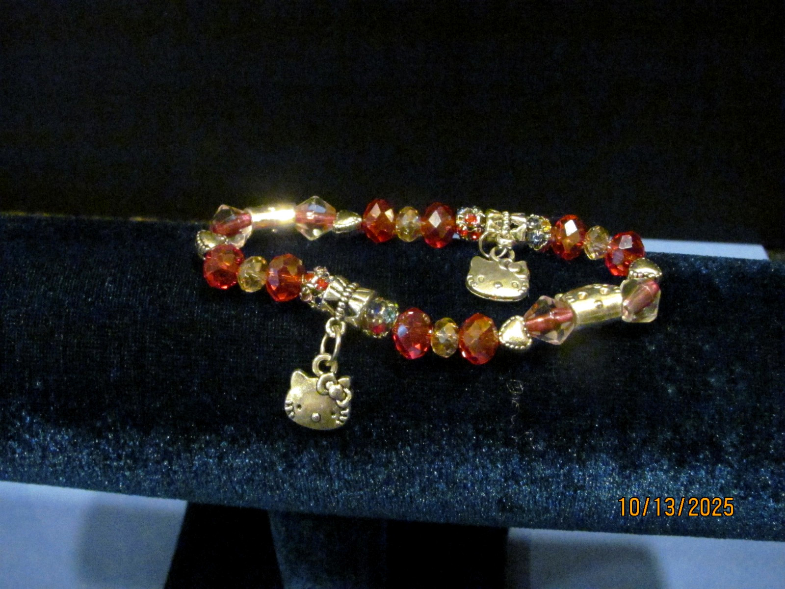 Hello Kitty Bracelet with Red & Pink Crystal, Glass Beads, Stretch Design