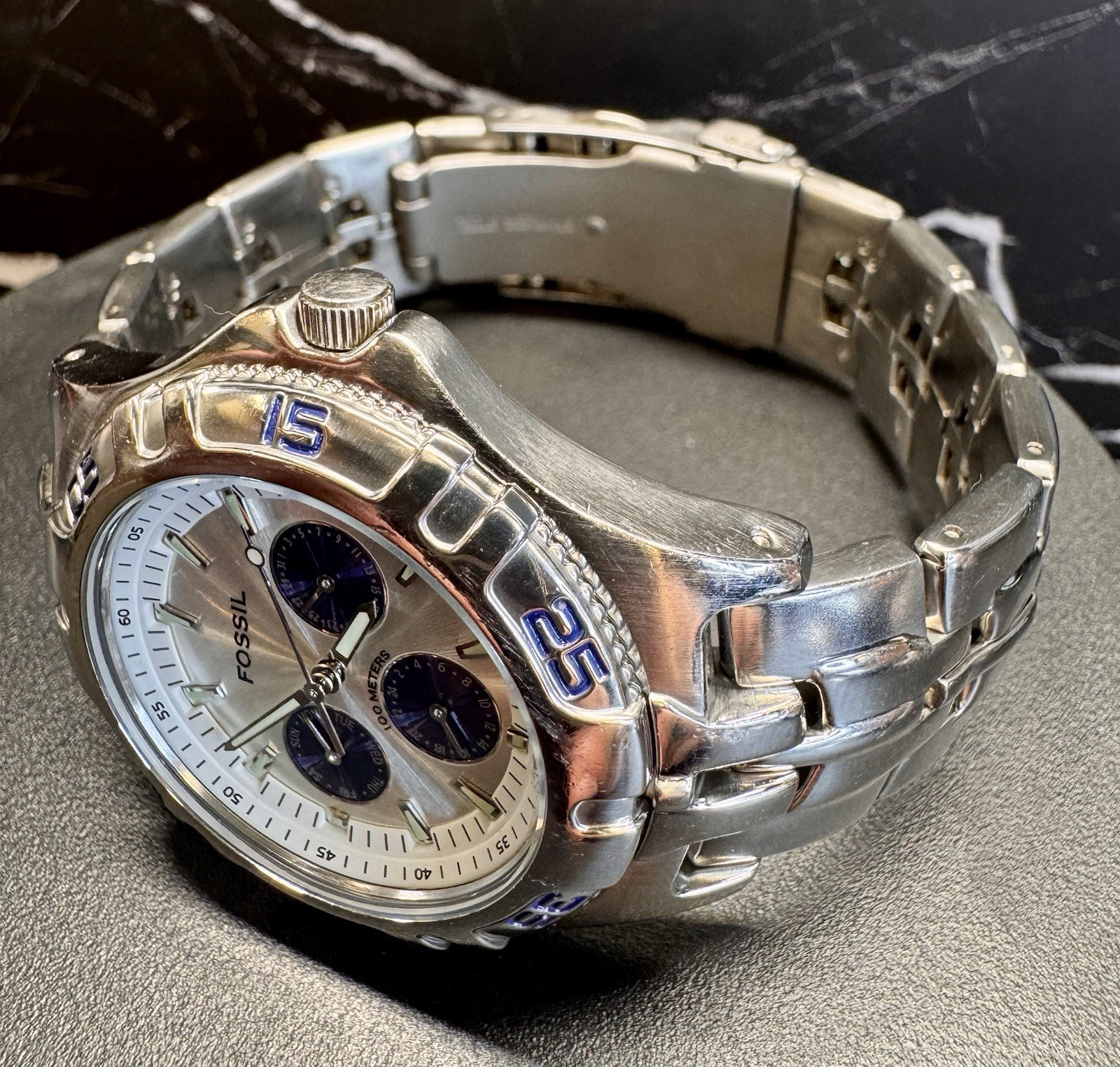 Fossil Blue BQ-9165 VTG Men’s Quartz Watch 100M Stainless Steel Silver/Blue Dial