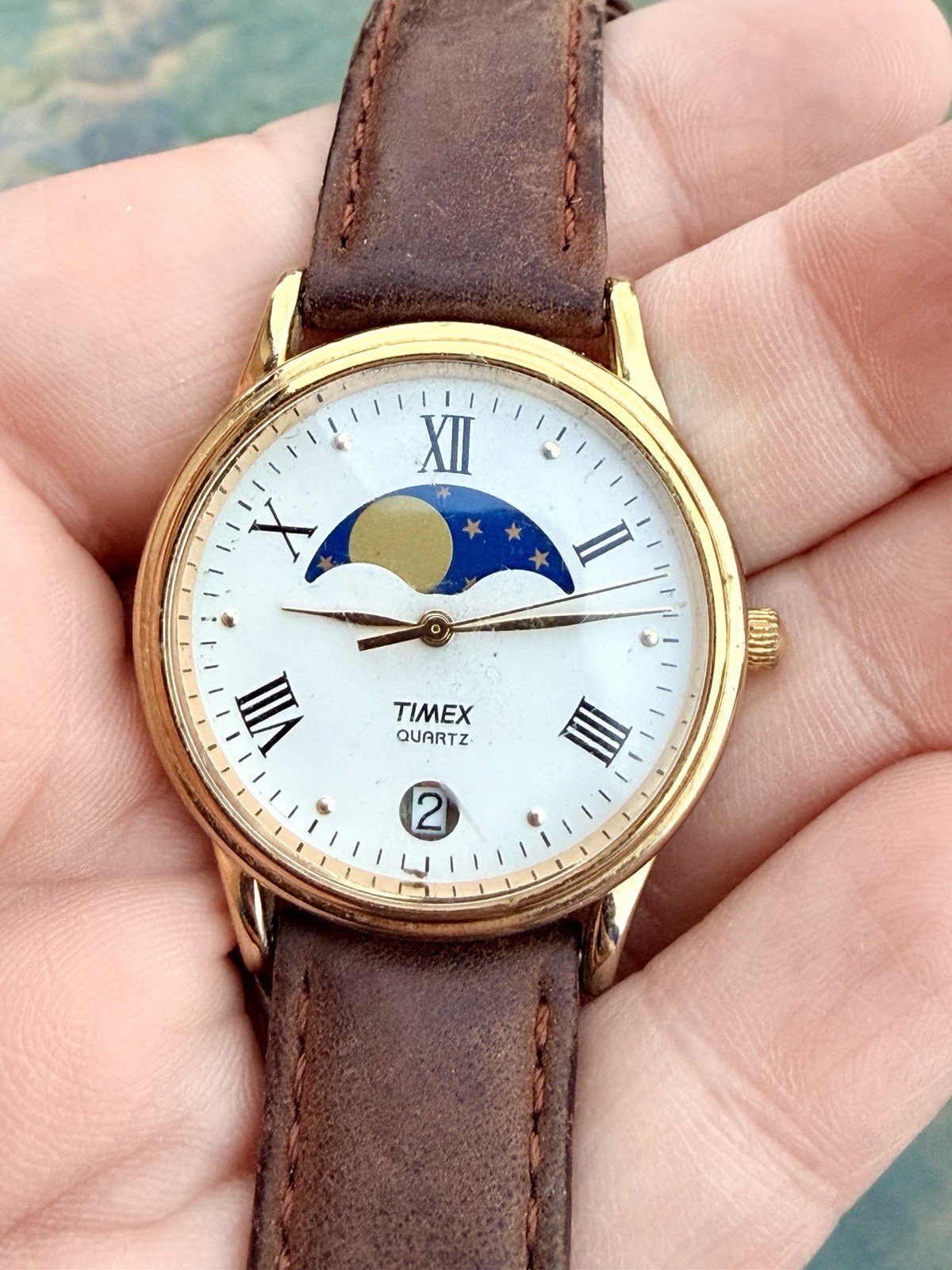Vtg Timex Moon Phase Watch Unisex Gold Tone New Tan Leather Band, Needs Battery