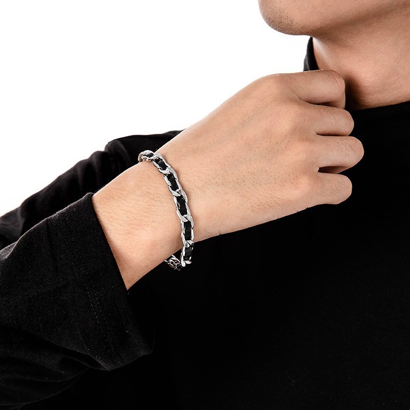 Silver Titanium Black PU Leather Jewelry Necklace Bracelet Chic Unisex Jewelry