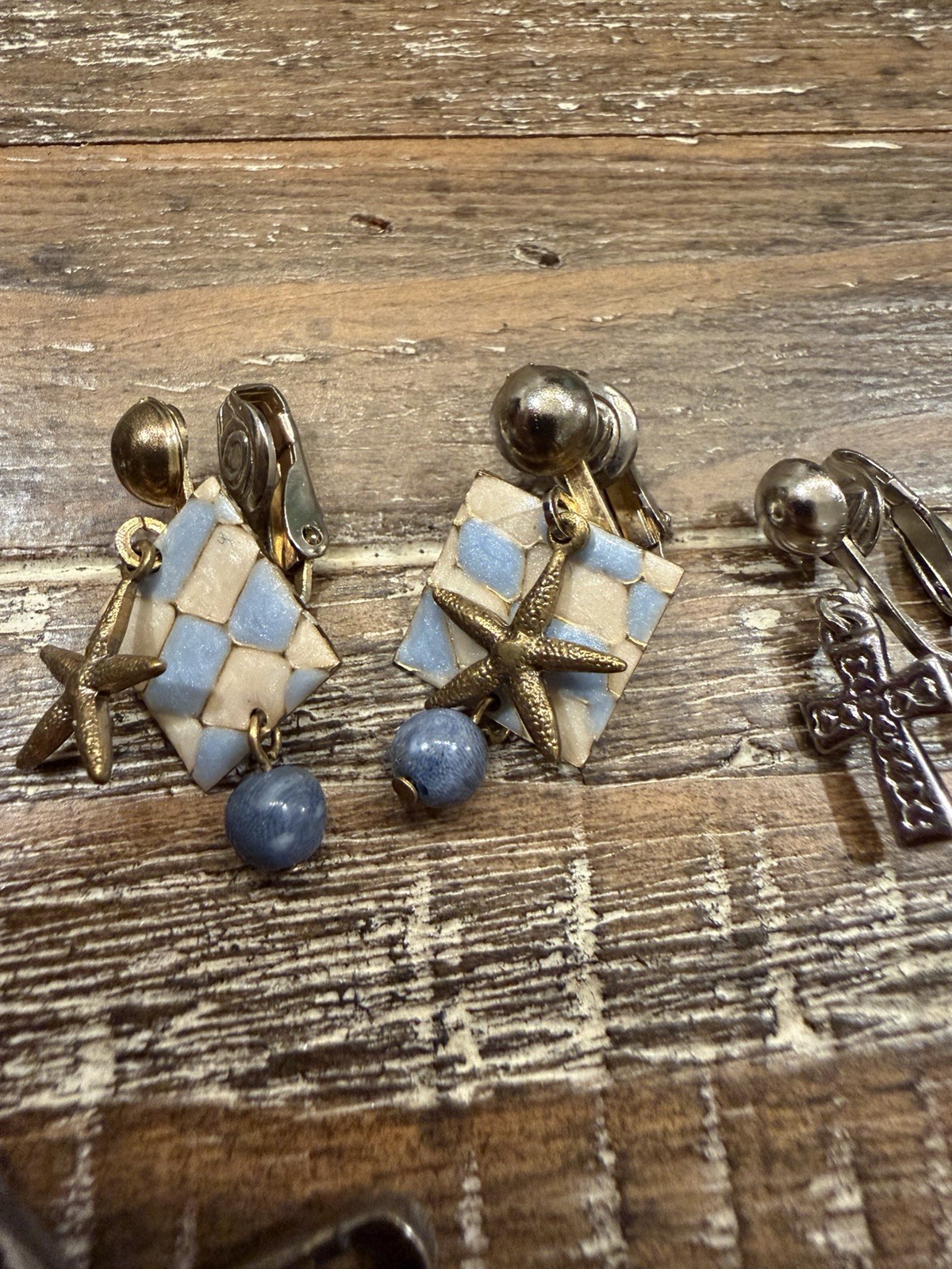 6 Pair Vintage Clip On Earrings Lot Enamel Shell Turquoise Blue-Green Boho Stone
