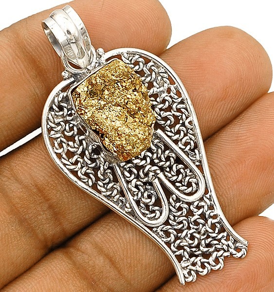 Natural Golden Pyrite Druzy 925 Sterling Silver Pendant Jewelry