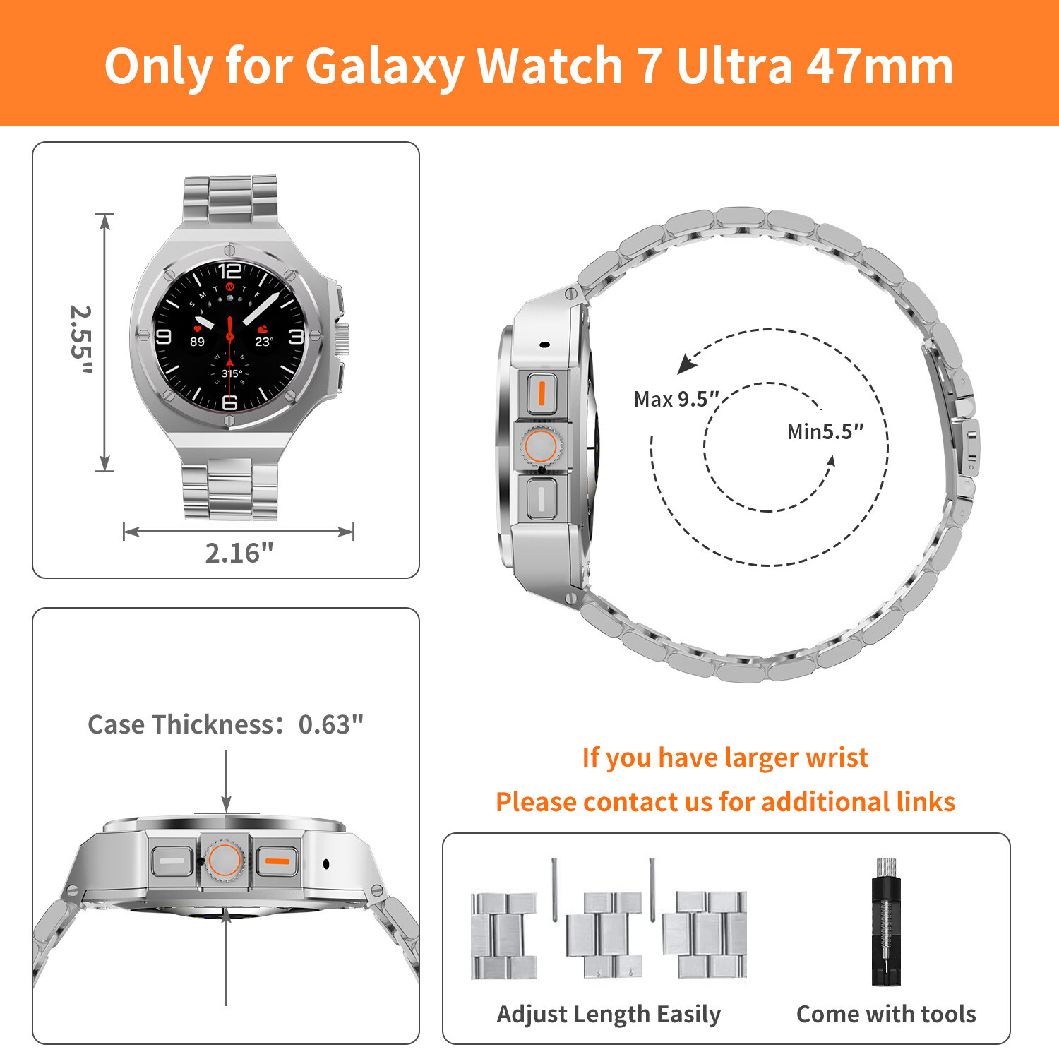 Metal Bezel Mod Kit Case Band for Samsung Galaxy Watch Ultra 47mm Steel Strap