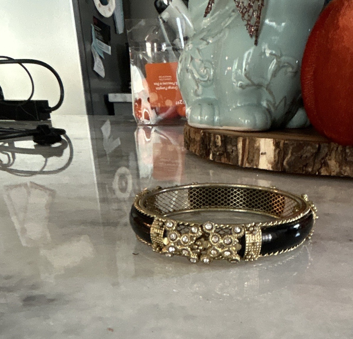 Gold Tone Black Hinged Bangle Bracelet with Clear Crystal Rhinestone Floral
