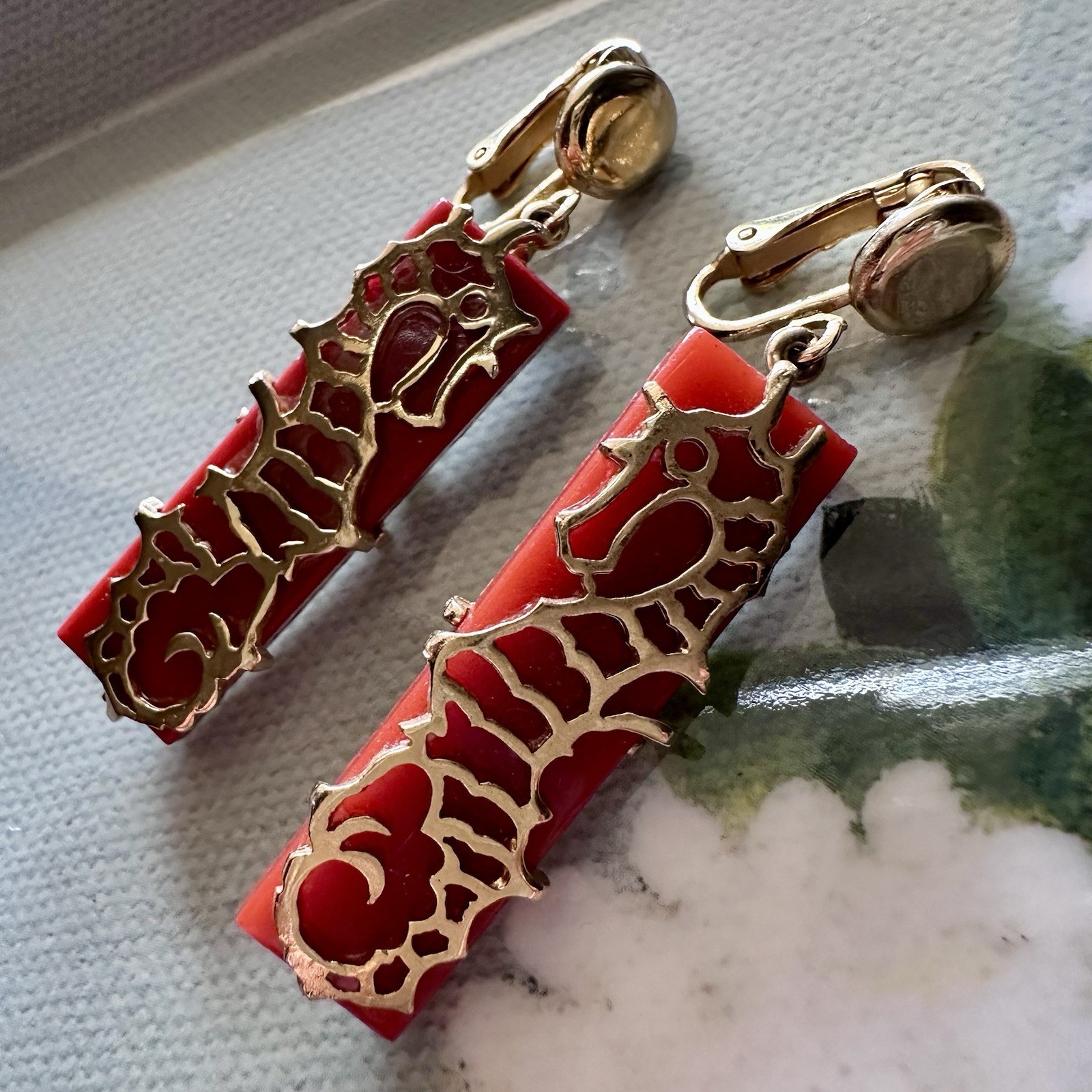 Rare Signed Boucher Seahorse Clip Earrings Red Glass Gold Tone Nautical VTG