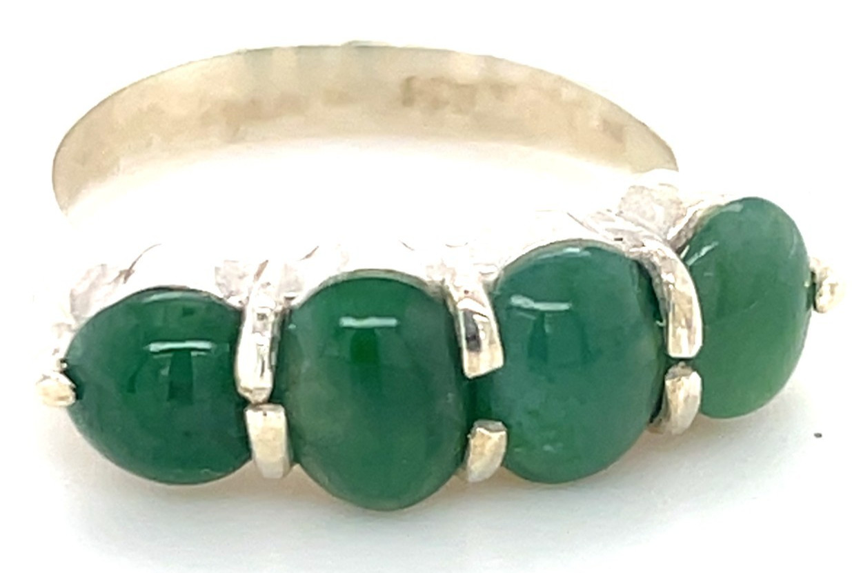 Type A Imperial Green Jadeite 4-Stone Ring 925 Silver Sz7.5