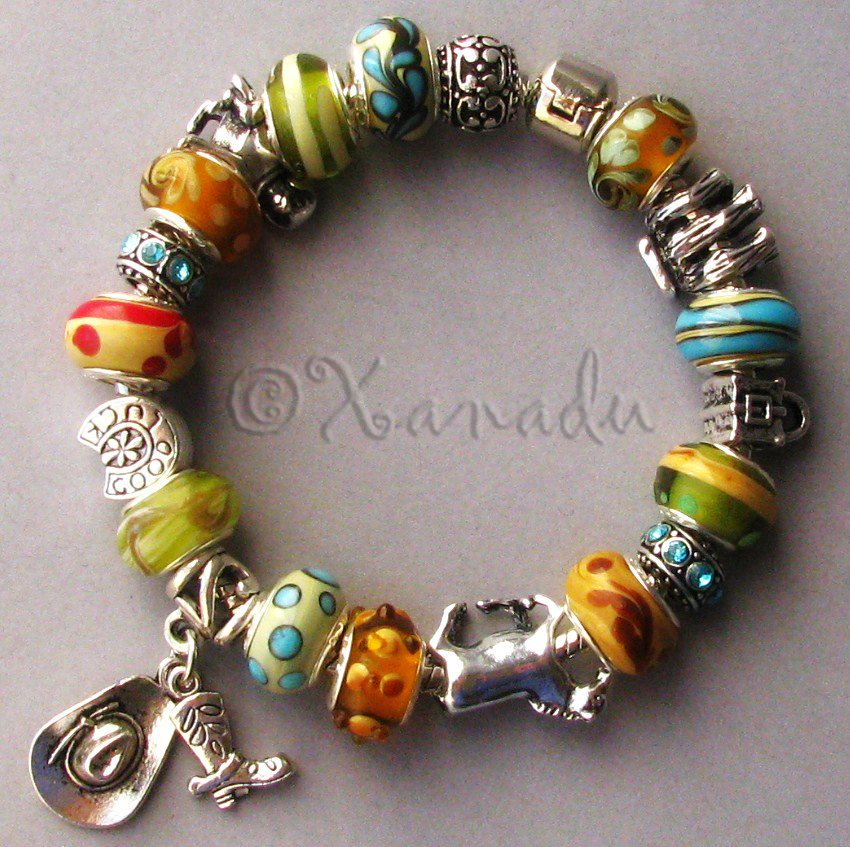 The Wild Wild West European Style Charm Bracelet w/Horses, Cactus, Cowboy Hats