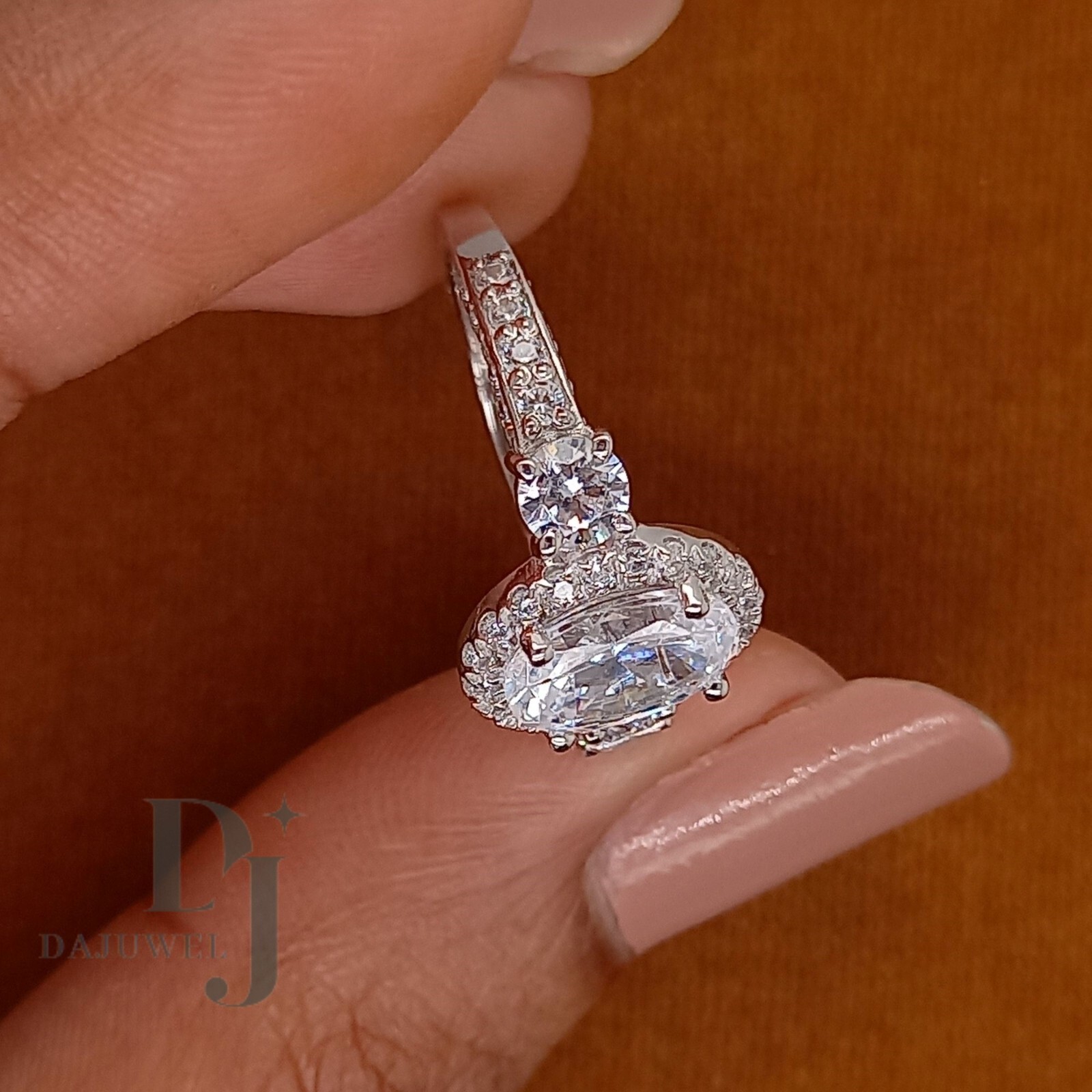 Moissanite Halo Engagement Ring Solid 14K White Gold 3 Carat Oval Cut VVS1