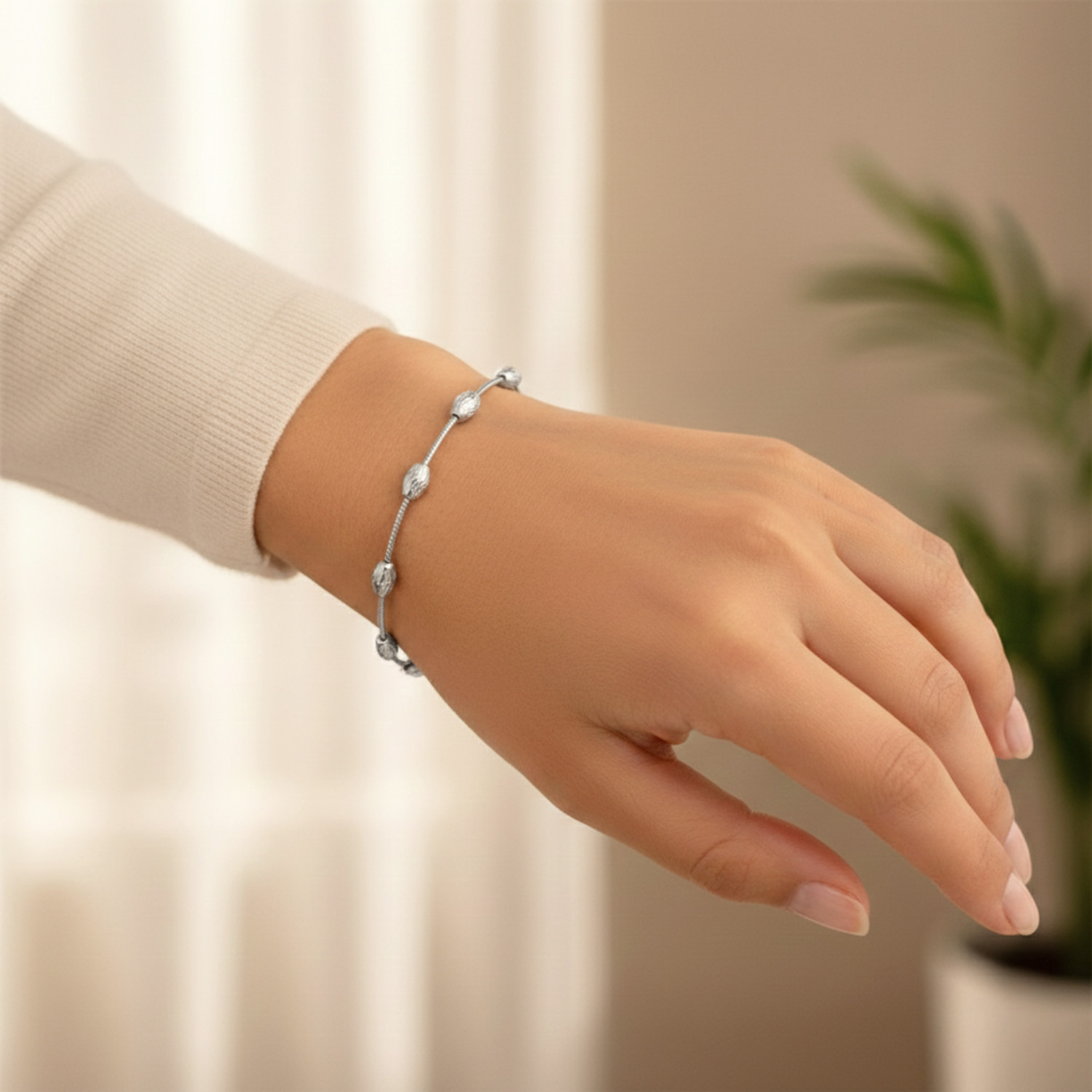 Solid 925 Sterling Silver Diamond-Cut Oval-Shaped Beaded Italian Bracelet 7″ 7.5
